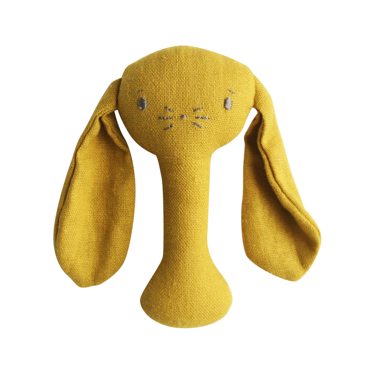 Bobby Bunny Stick Rattle in Butterscotch linen, perfect first rattle for babies, safe and lightweight for tiny hands.