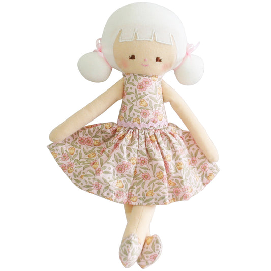 Alimrose Audrey Doll 26cm with embroidered face, fabric hair, and floral dress, perfect for children.