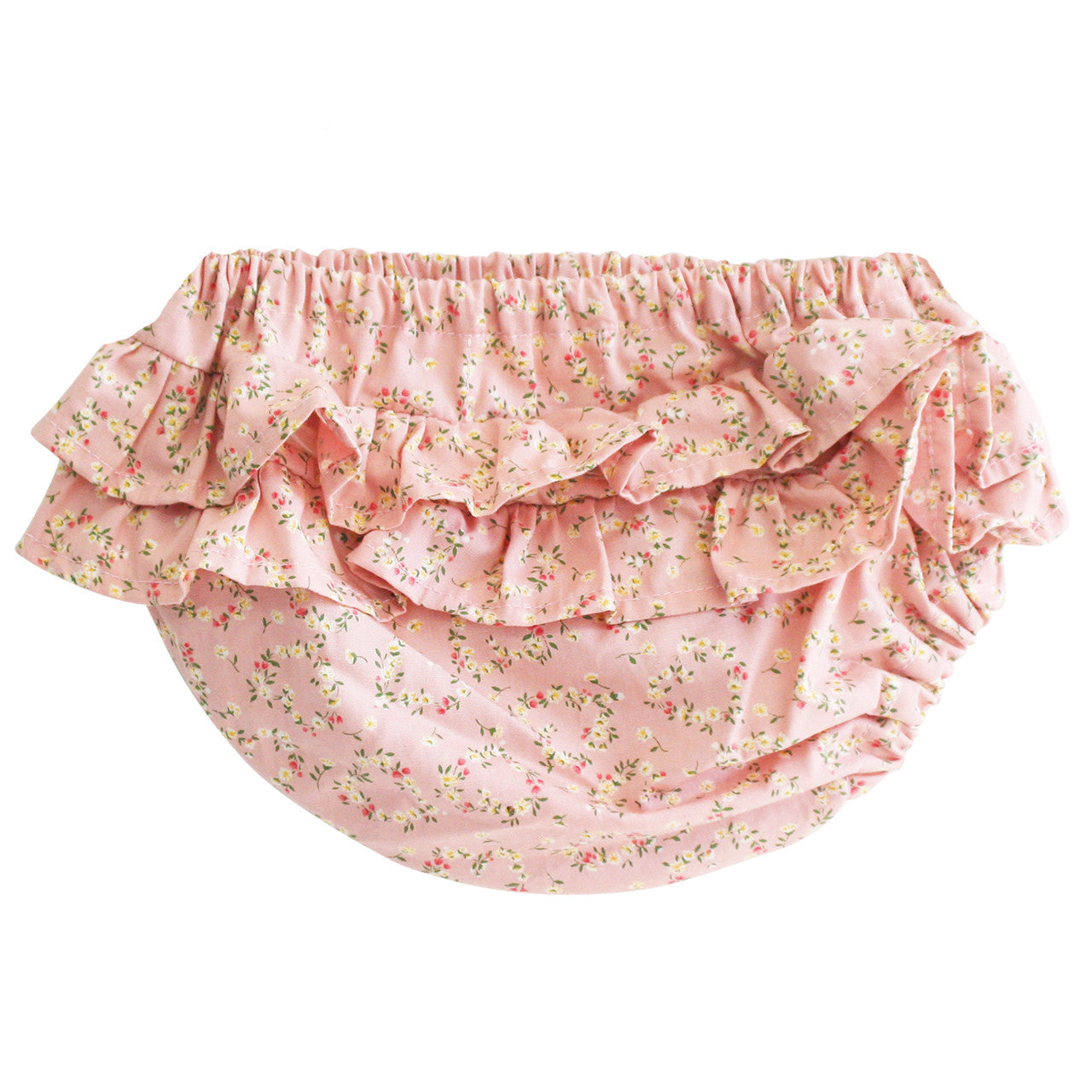 Ruffle bloomers in pink floral fabric for 6-12 months, made of 100% cotton, featuring soft elastic and machine washable.