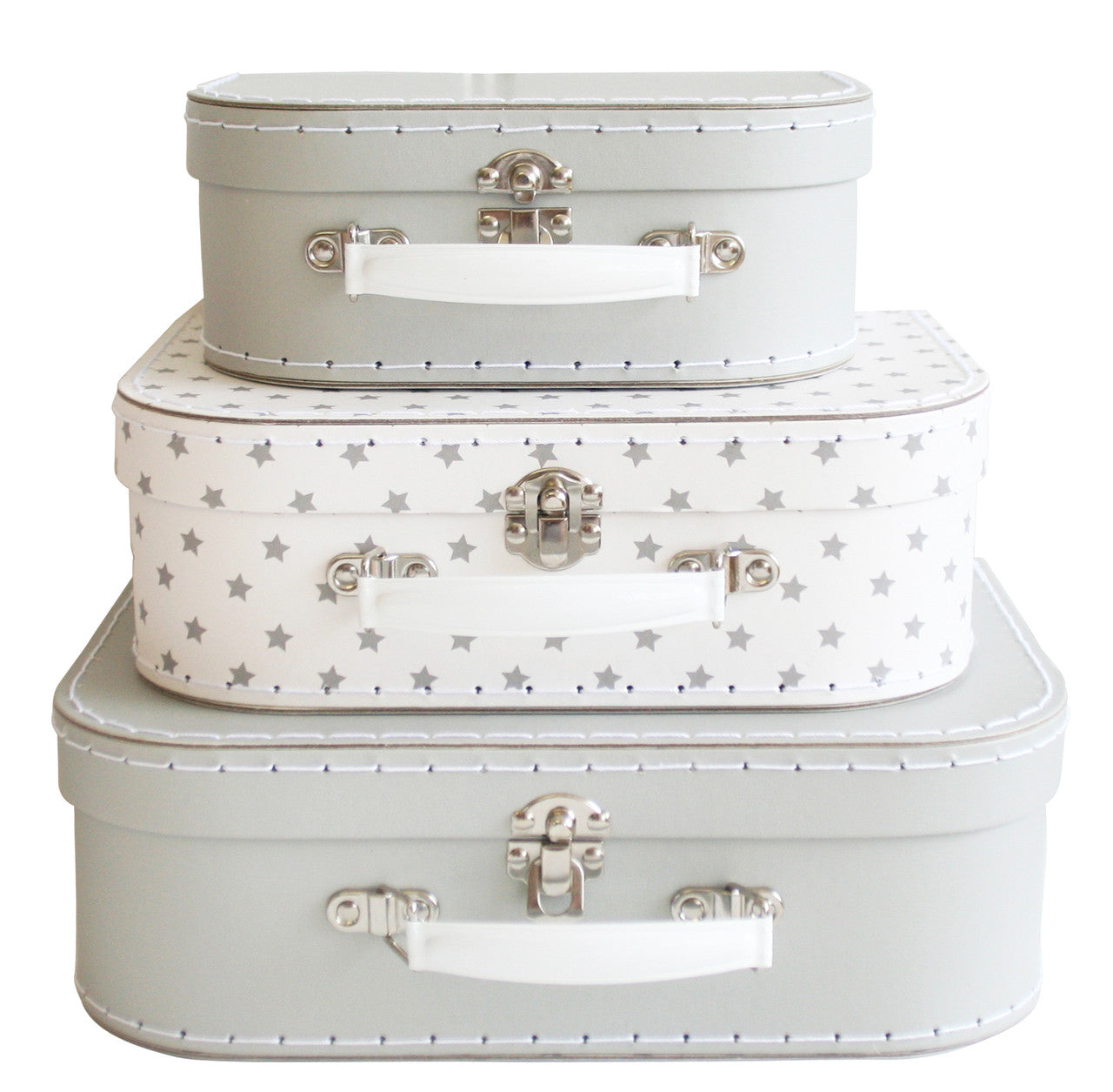 Kids Carry Case Set in soft grey and star print, includes three nesting cases in various sizes.