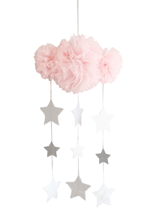 Tulle Cloud Mobile in pale pink with silver sparkly stars, perfect decor for nurseries.