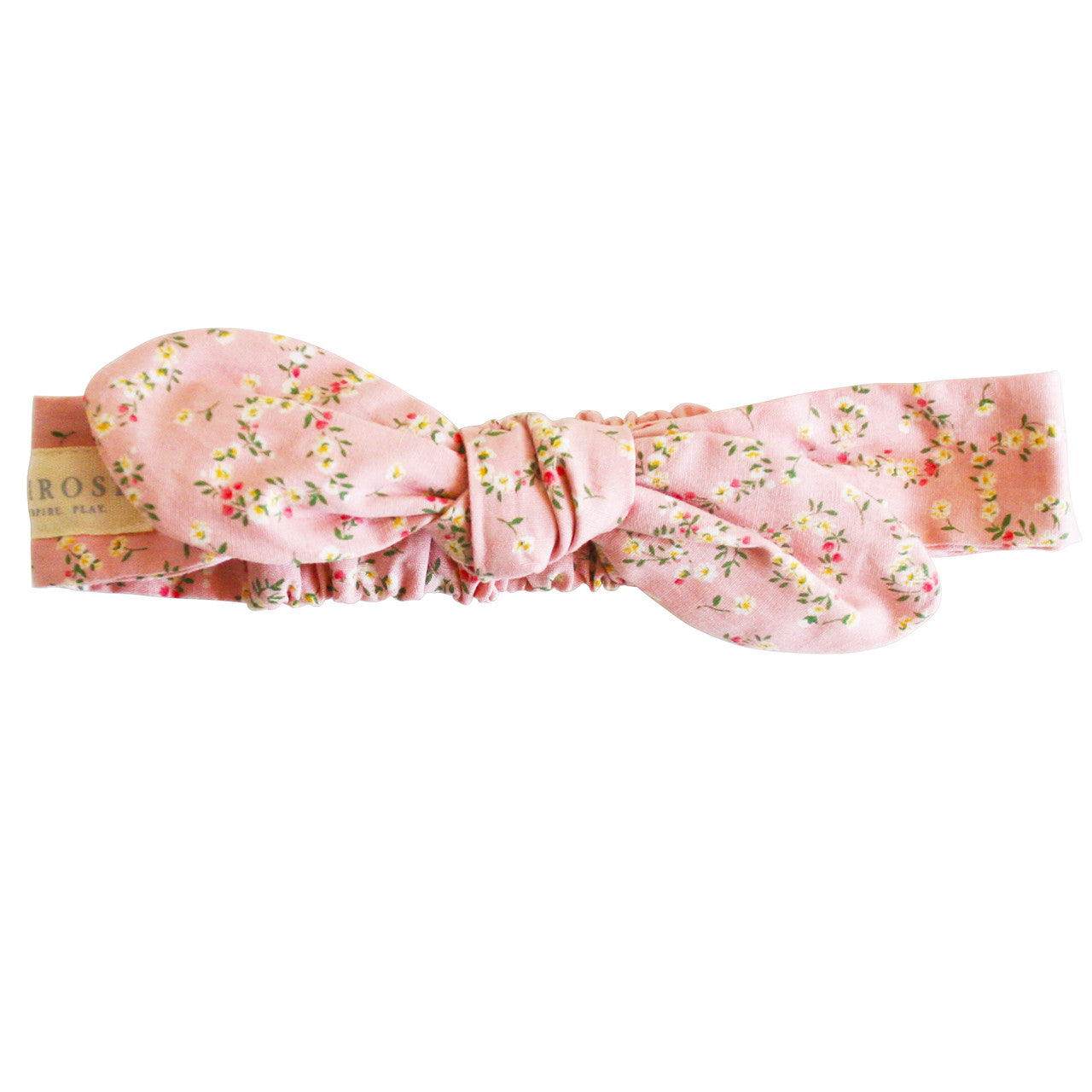Adjustable pink floral headband for babies, made from 100% cotton, suitable for ages 0-2 years.