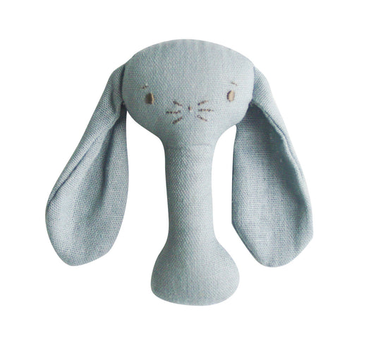 Bobby Bunny Stick Rattle in Grey Linen, lightweight, safe for babies, perfect first rattle for tiny hands.