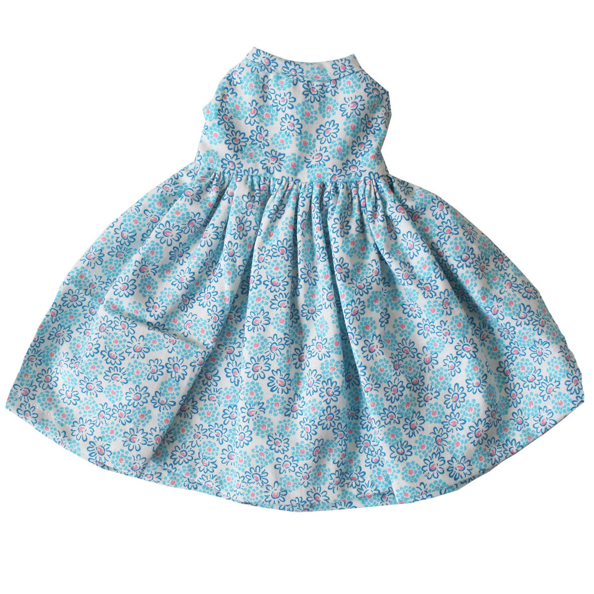 Large doll dress in blue floral pattern, perfect for 40-45cm dress-up dolls, crafted from 100% cotton.