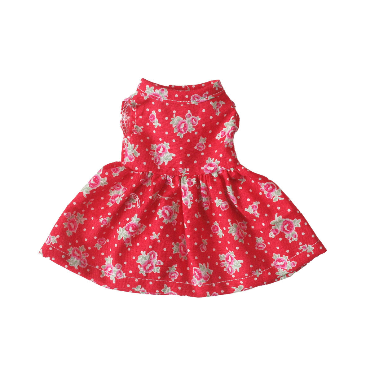 Small doll dress in red floral design, made of 100% cotton, perfect for 20-28cm dolls, ideal for imaginative play.