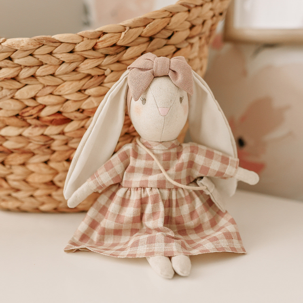 Mini Sofia Bunny 27cm in rose check dress, an adorable handcrafted doll for kids, suitable from 3 years.
