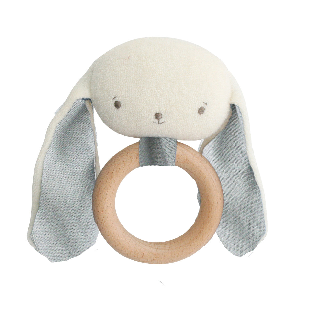 Alimrose Grey Bunny Teether Rattle with natural wood ring, soft fabric head for soothing little gums.