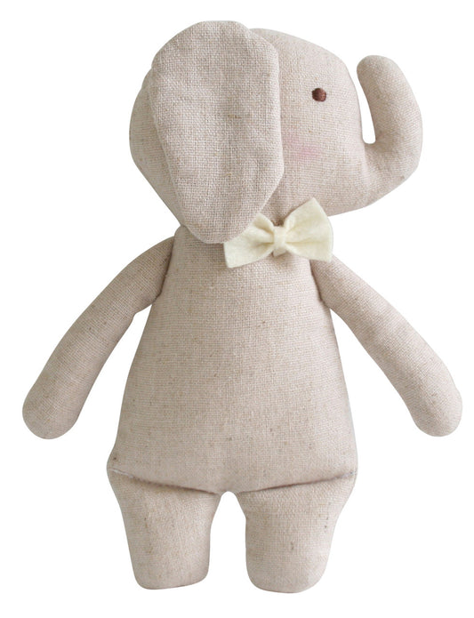 Handcrafted linen elephant rattle, 18cm tall, with cute embroidered face and yellow bow, ideal newborn gift.