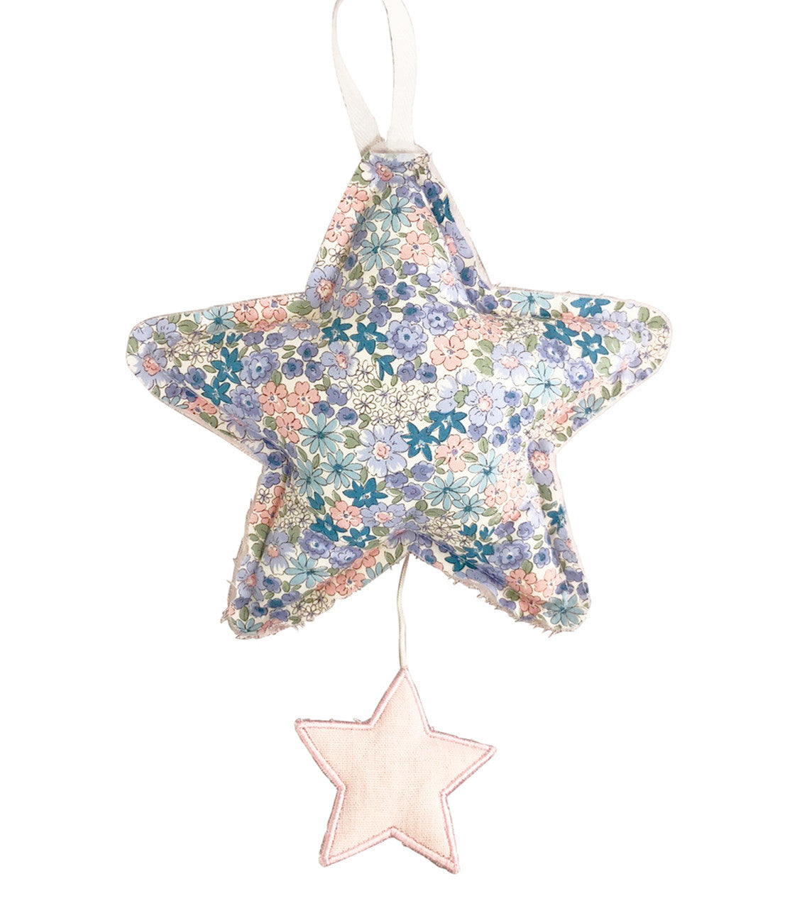 Star Musical in pink linen and Liberty blue, plays 'Let It Be', soft toy with velcro closure and pull string.