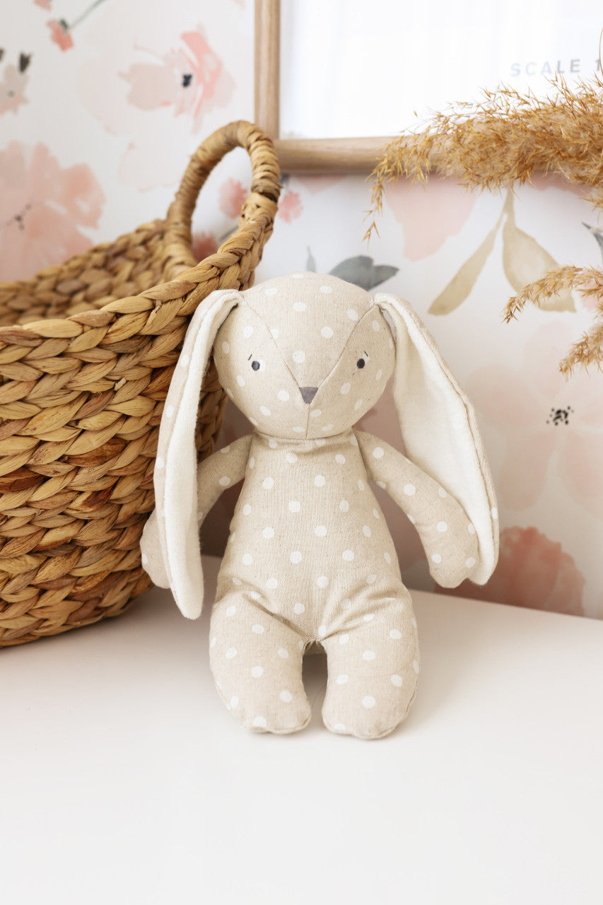 Alimrose Floppy Bunny 25cm soft linen toy with embroidered face and floppy limbs, perfect snuggle buddy for kids.