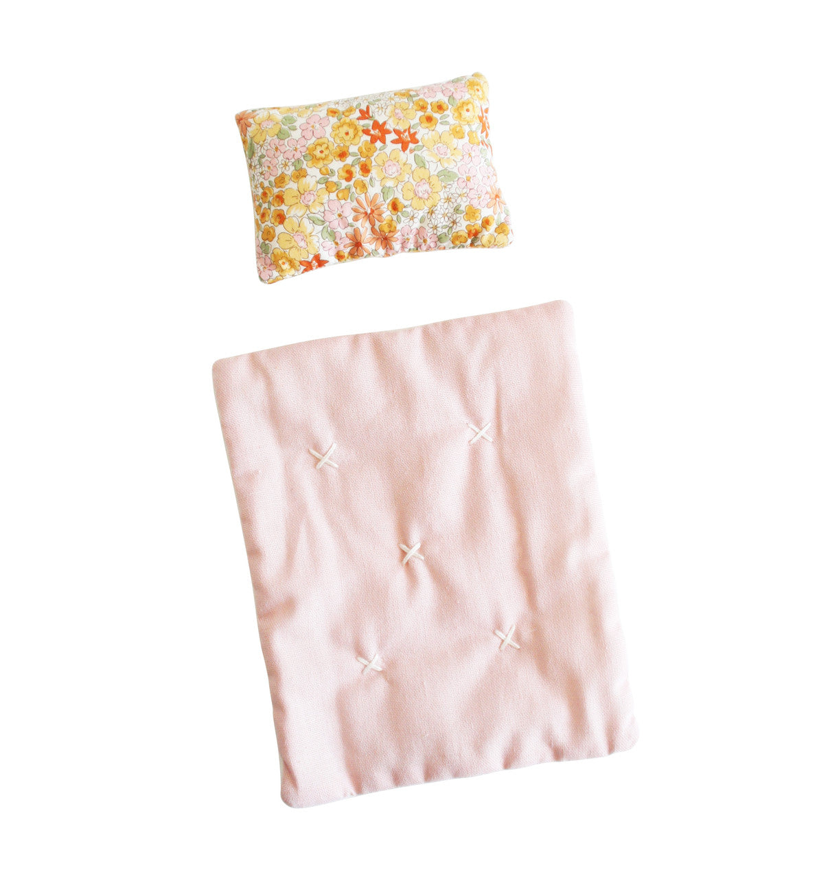 Reversible pink fleece quilt and floral pillow for doll carrier, perfect for nurturing play, approx 30cm long.