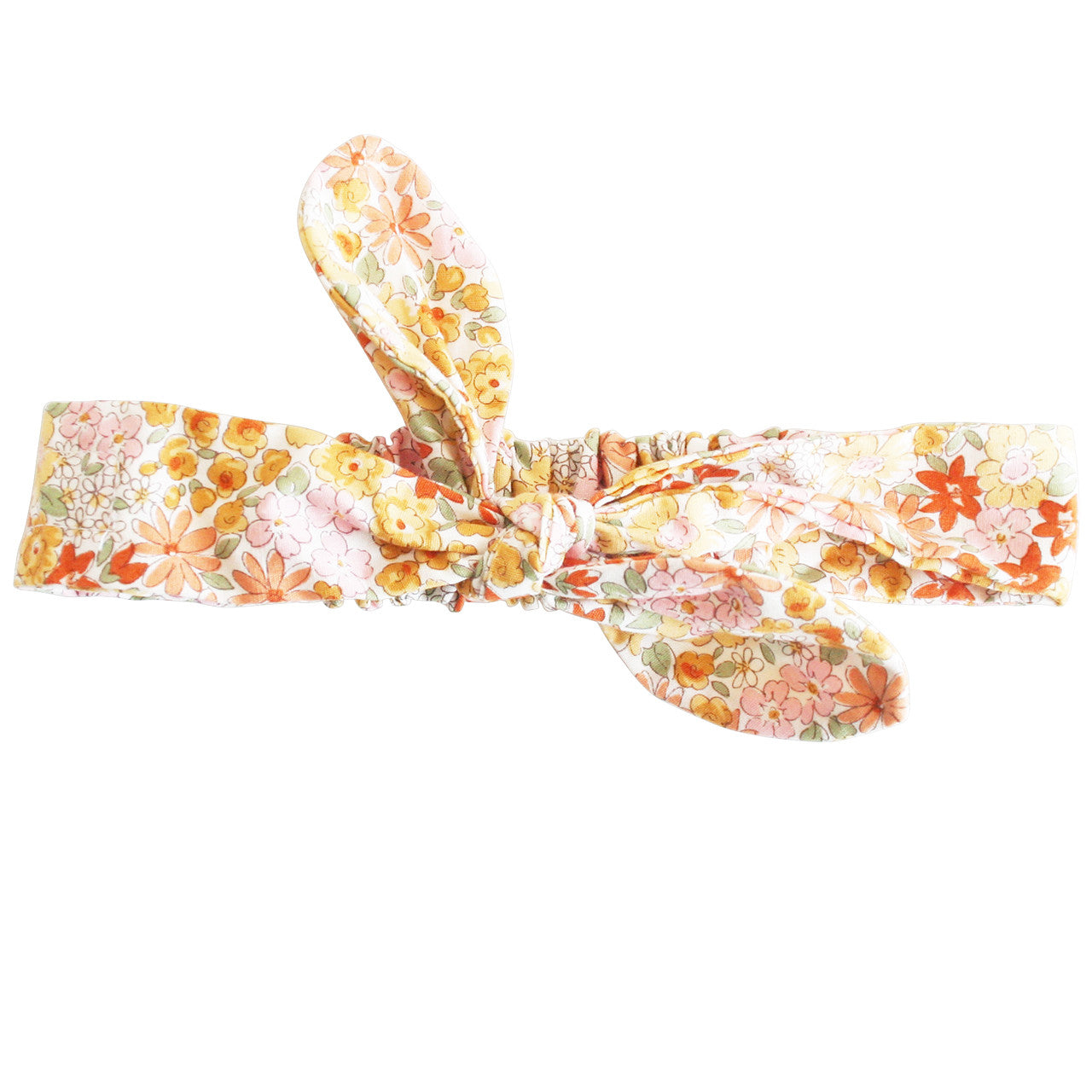 Adjustable headband in sweet marigold floral pattern, cotton, suitable for ages newborn to 2 years, machine washable.