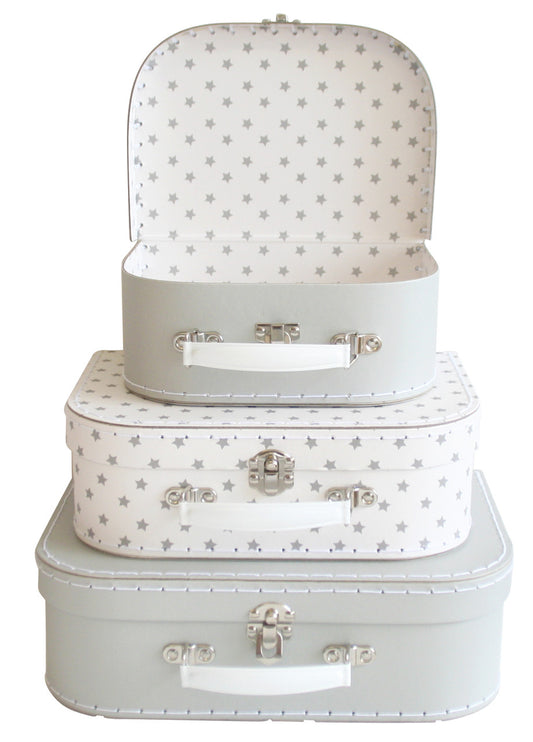 Kids Carry Case Set - Starry Night with soft grey exterior and star print interior, perfect for storage and travel.