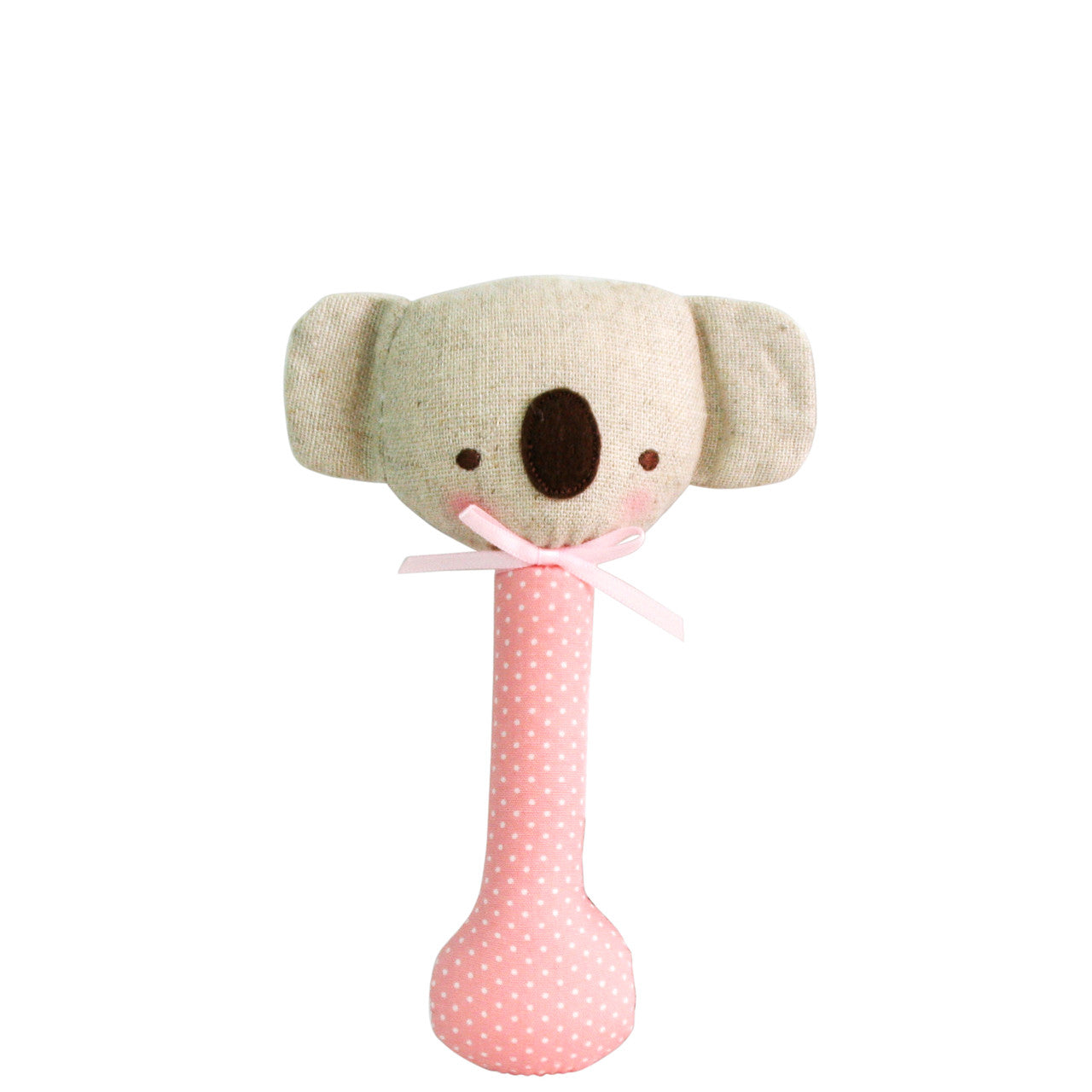 Cute baby koala stick rattle in pink with white spots, perfect for tiny hands and safe for mouthing.
