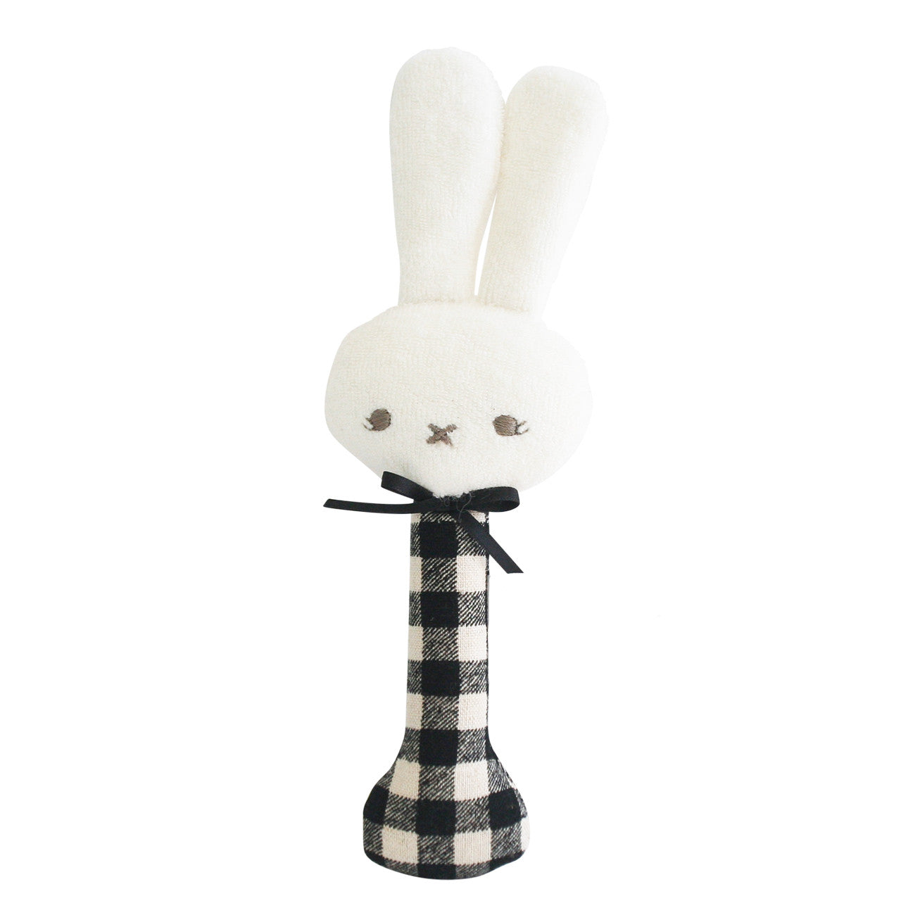 Bunny stick rattle in black and white check, perfect first rattle for babies from 3 months, lightweight and safe.