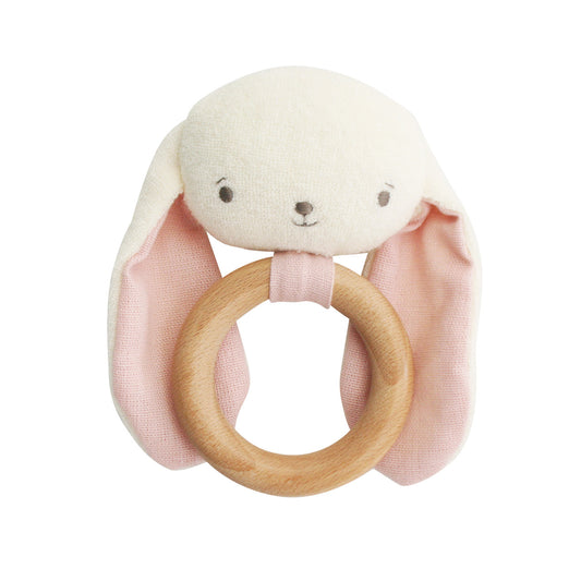 Baby Bunny Teether Rattle in pink with natural beechwood ring and soft bunny head for soothing gums.