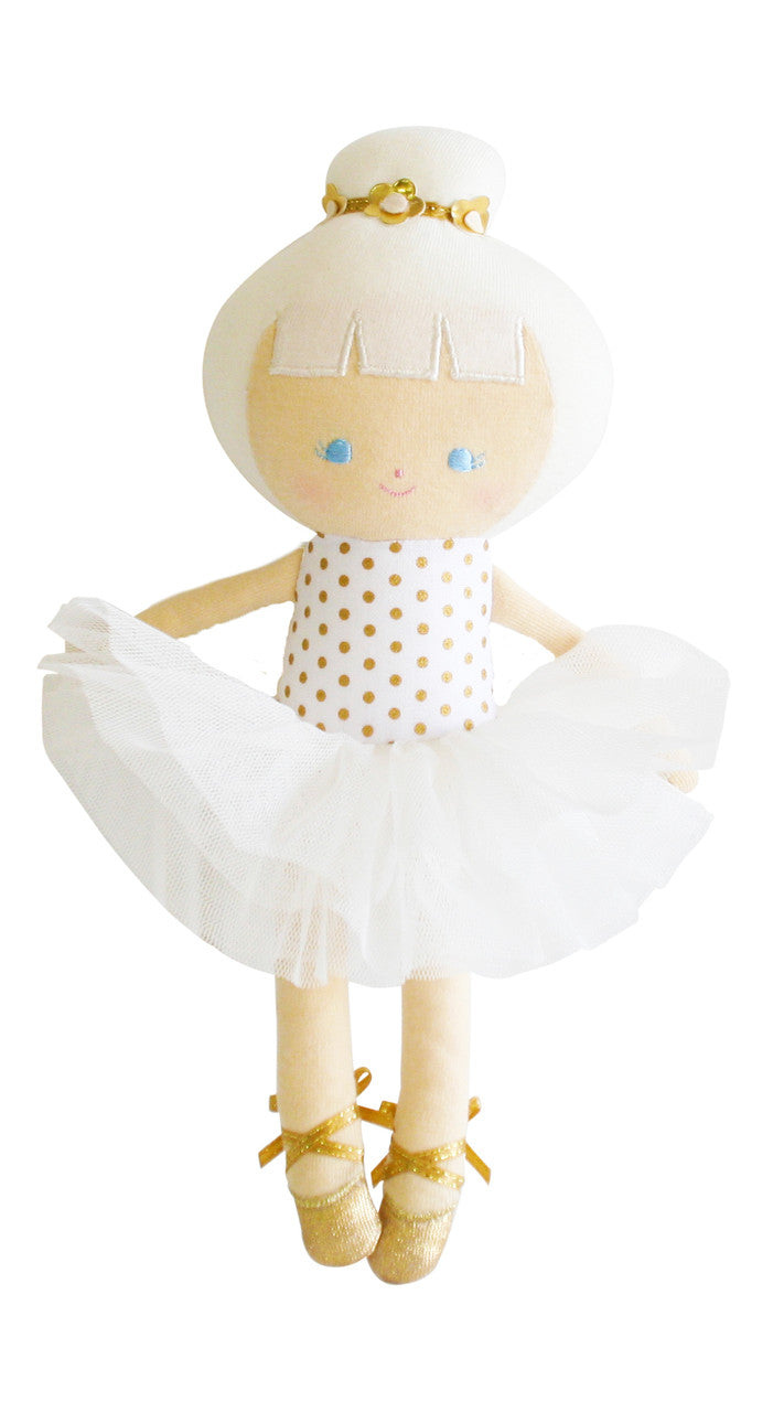 Baby ballerina doll with a gold spot bodice and fluffy tulle tutu, 25cm tall, suitable for ages 3 and up.