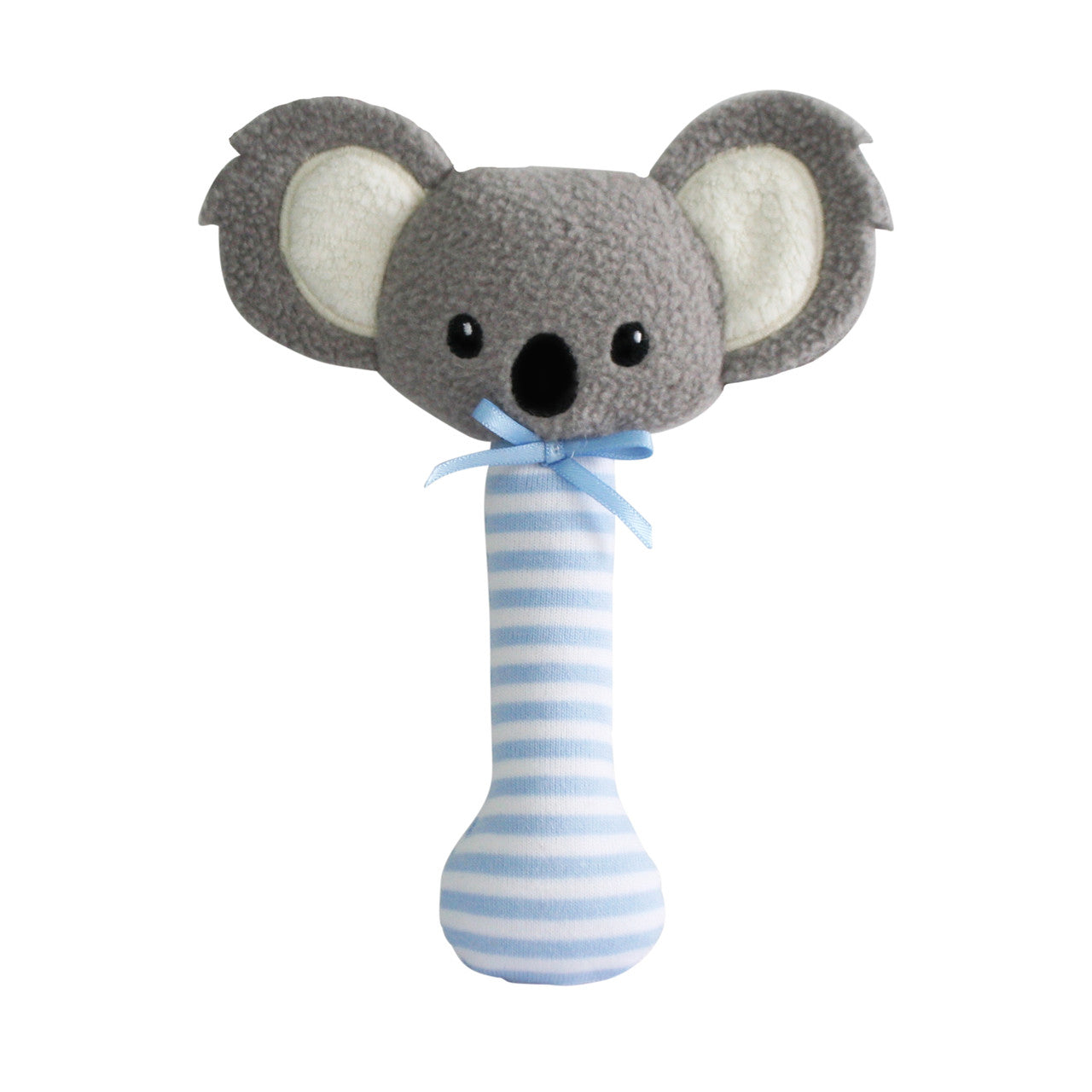 Koala Stick Rattle in blue stripes, lightweight and safe for infants, perfect for tiny hands and gentle shaking.