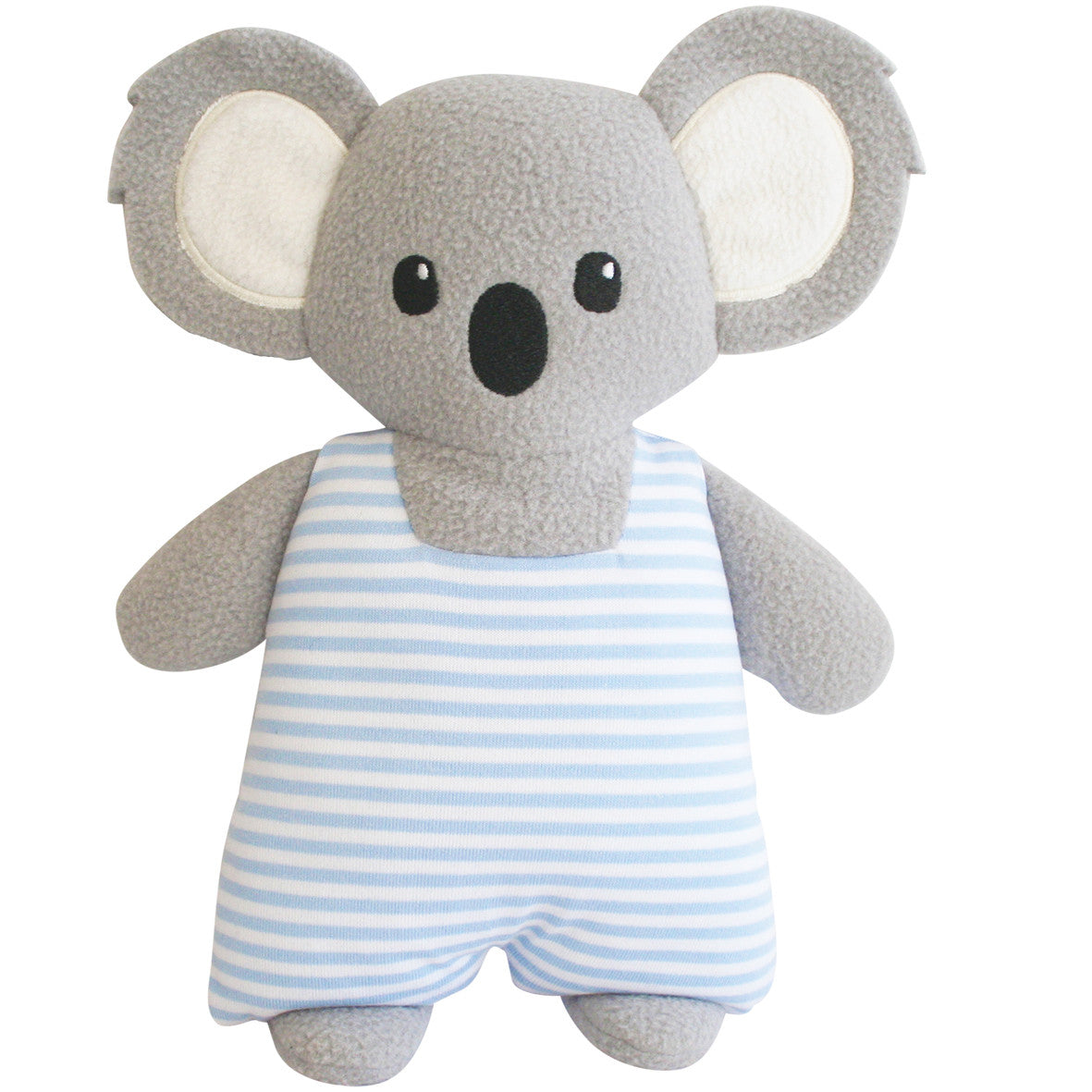 Soft baby koala musical toy in blue striped outfit, plays 'Waltzing Matilda' when pulled, perfect for infants.