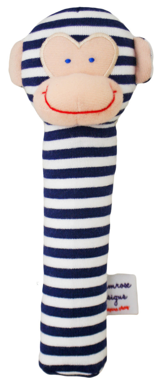 Monkey squeaker toy in navy stripe design, perfect for babies to explore grasp reflex and enjoy squeaking sounds.