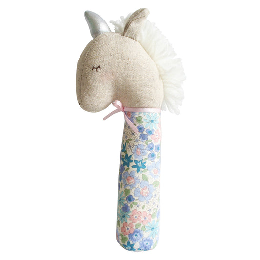 Yvette Unicorn Squeaker toy in Liberty Blue, designed for babies to explore and enjoy squeaking sounds.
