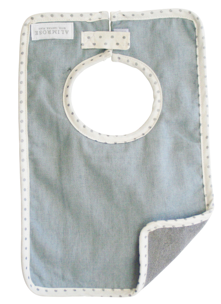 Alimrose Bobby Bib in grey linen with absorbent backing, perfect for stylish and practical mealtime protection for kids.