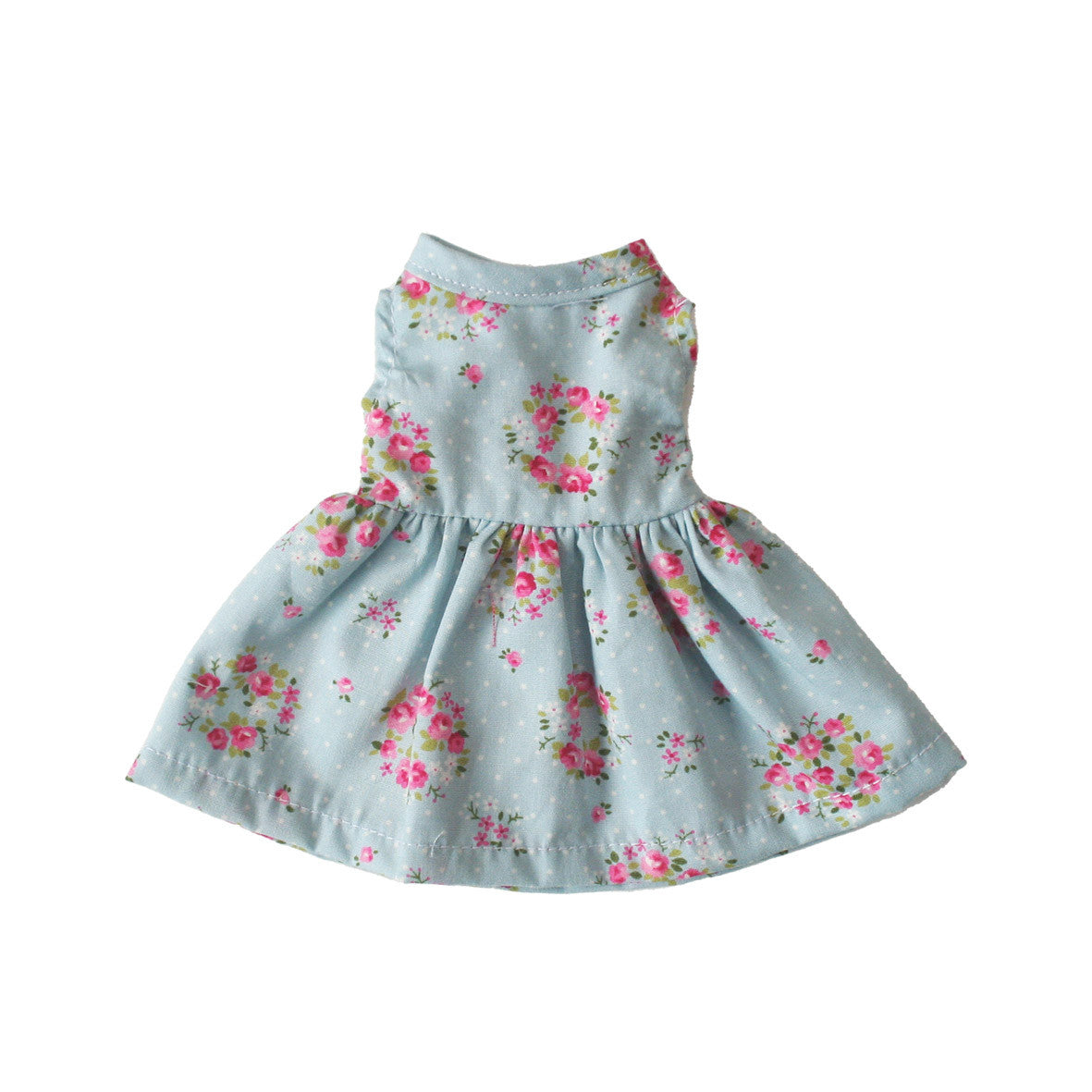 Small doll dress in blue with rose floral pattern, suitable for 20-28cm dolls, 100% cotton, encourages imaginative play.