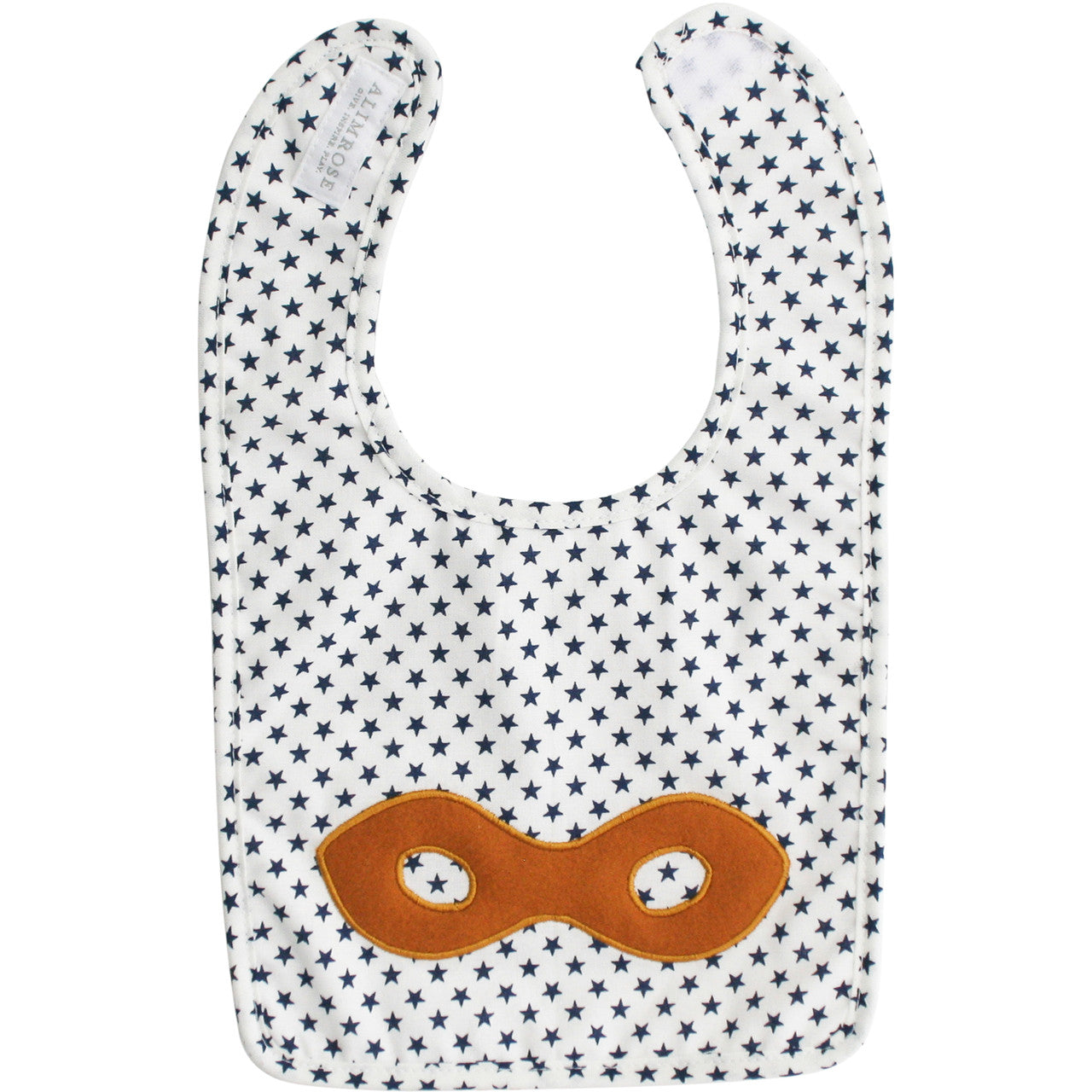Navy star bib for kids featuring superhero mask design, cotton fabric, Velcro closure, and machine washable.
