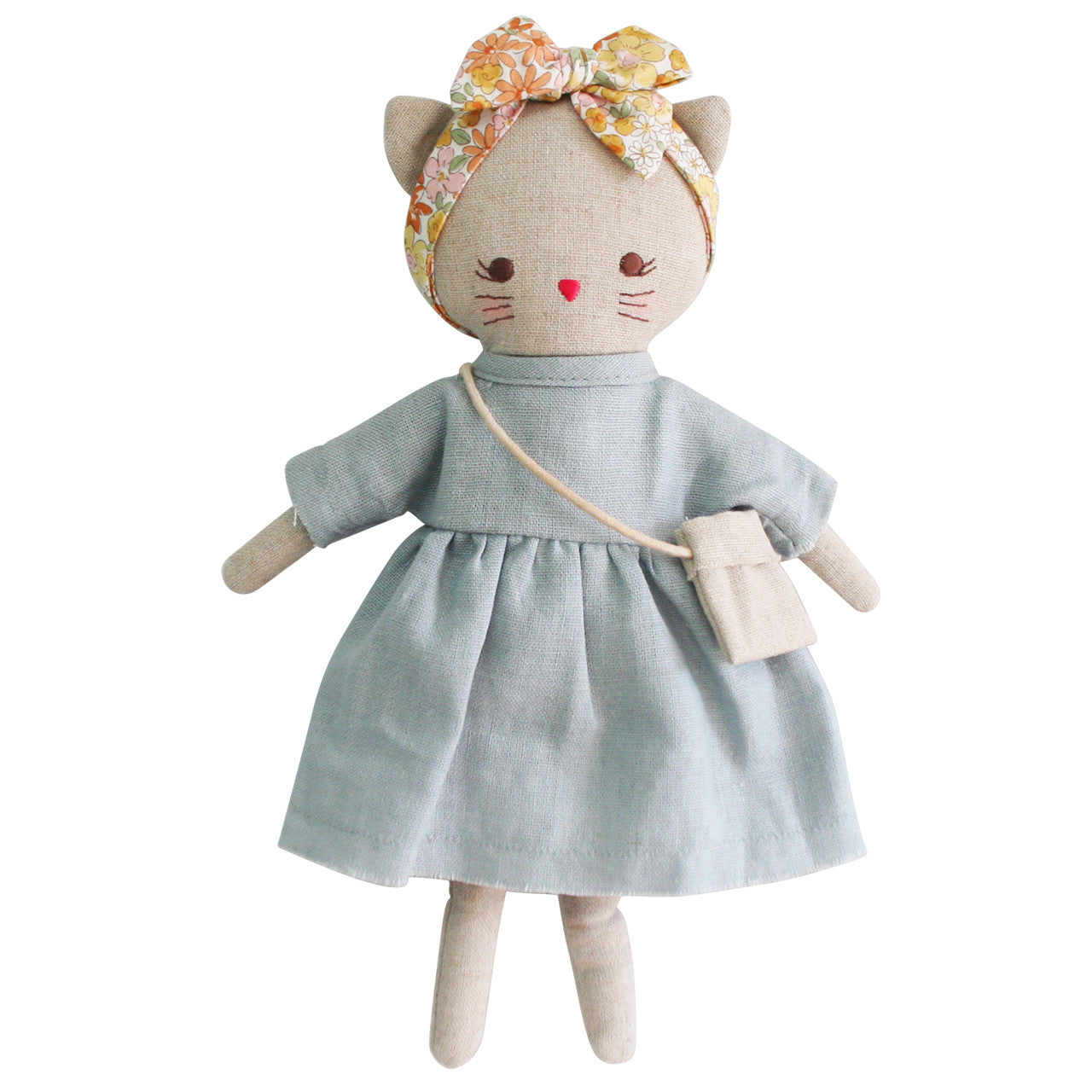 Cute mini kitten doll in grey linen dress with floral headband and a crossbody bag.