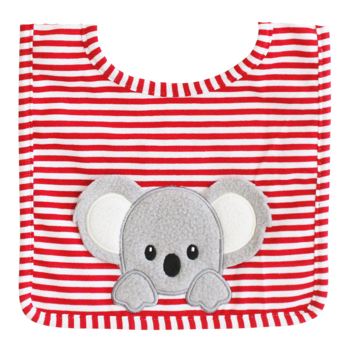 Red striped baby bib with cute koala applique, perfect for newborns and machine washable for easy cleaning.