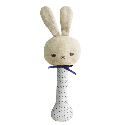 Baby Bunny stick rattle in navy polka dots, soft cotton, safe for infants, perfect first rattle for little hands.