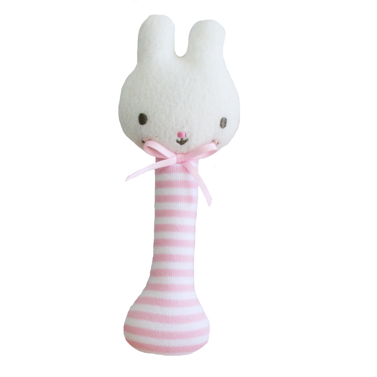 Cute pink striped bunny stick rattle for infants, lightweight and safe for mouthing, perfect for tiny hands.
