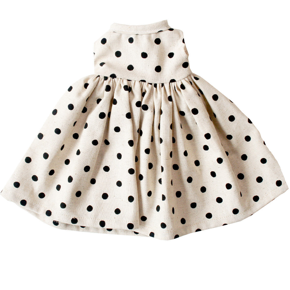 Large black polka dot linen dress for 40-45cm dolls, ideal for imaginative play and fine motor skill development.