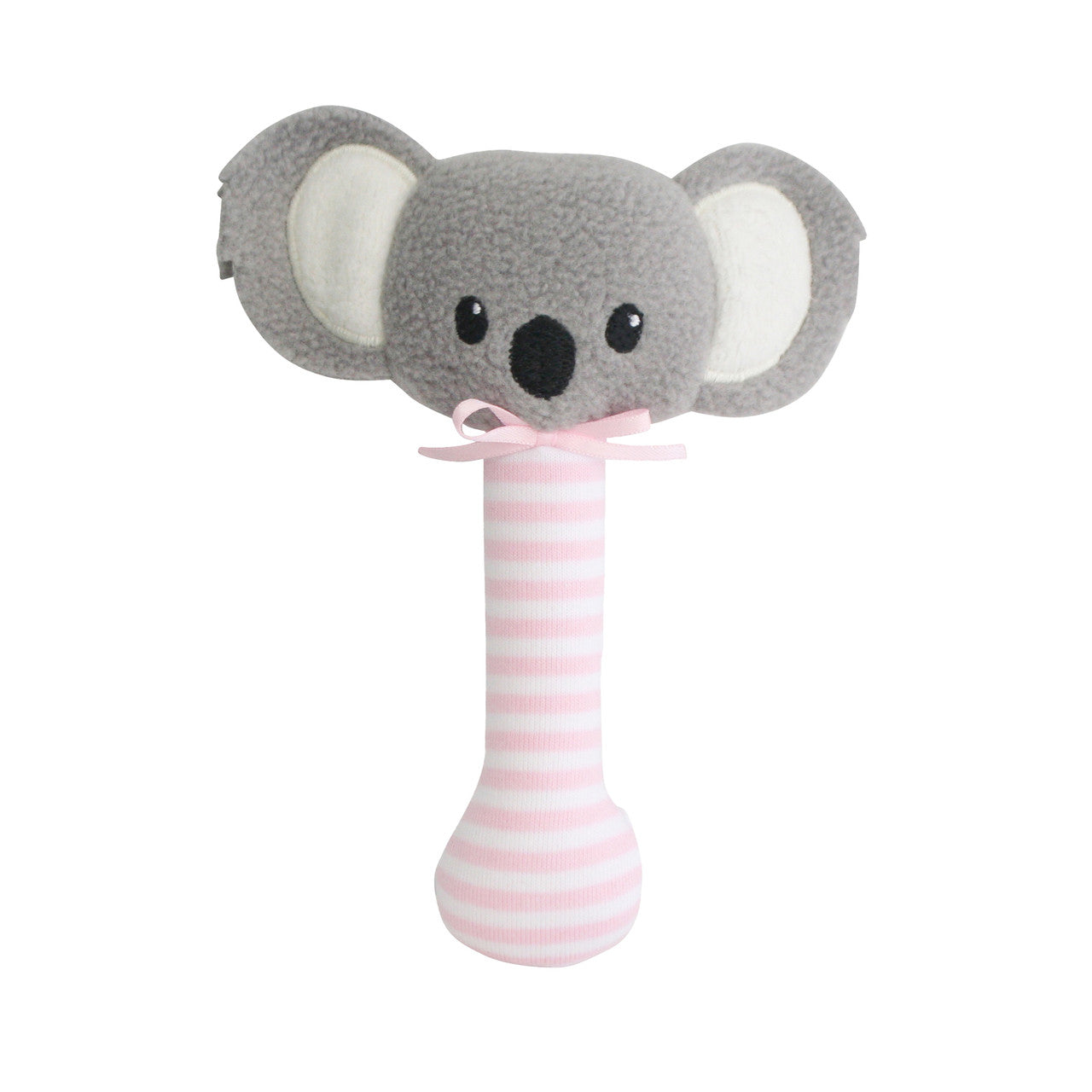 Koala Stick Rattle in pink stripe for infants, lightweight and safe for gentle mouthing. Perfect first rattle.