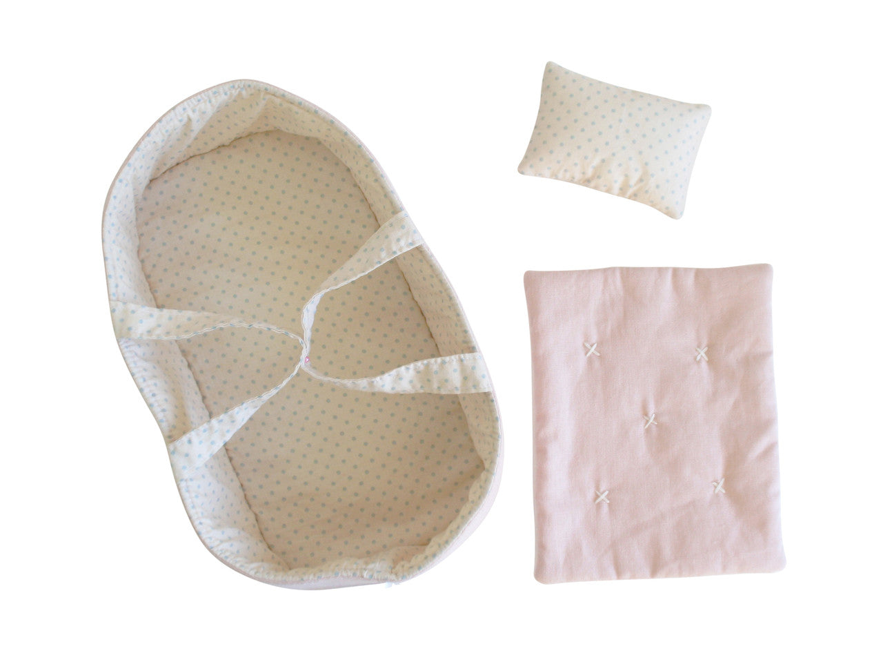 Doll Carrier Set in pale pink with spotted nesting basket, mini quilt, and pillow. Ideal for 30cm baby dolls.