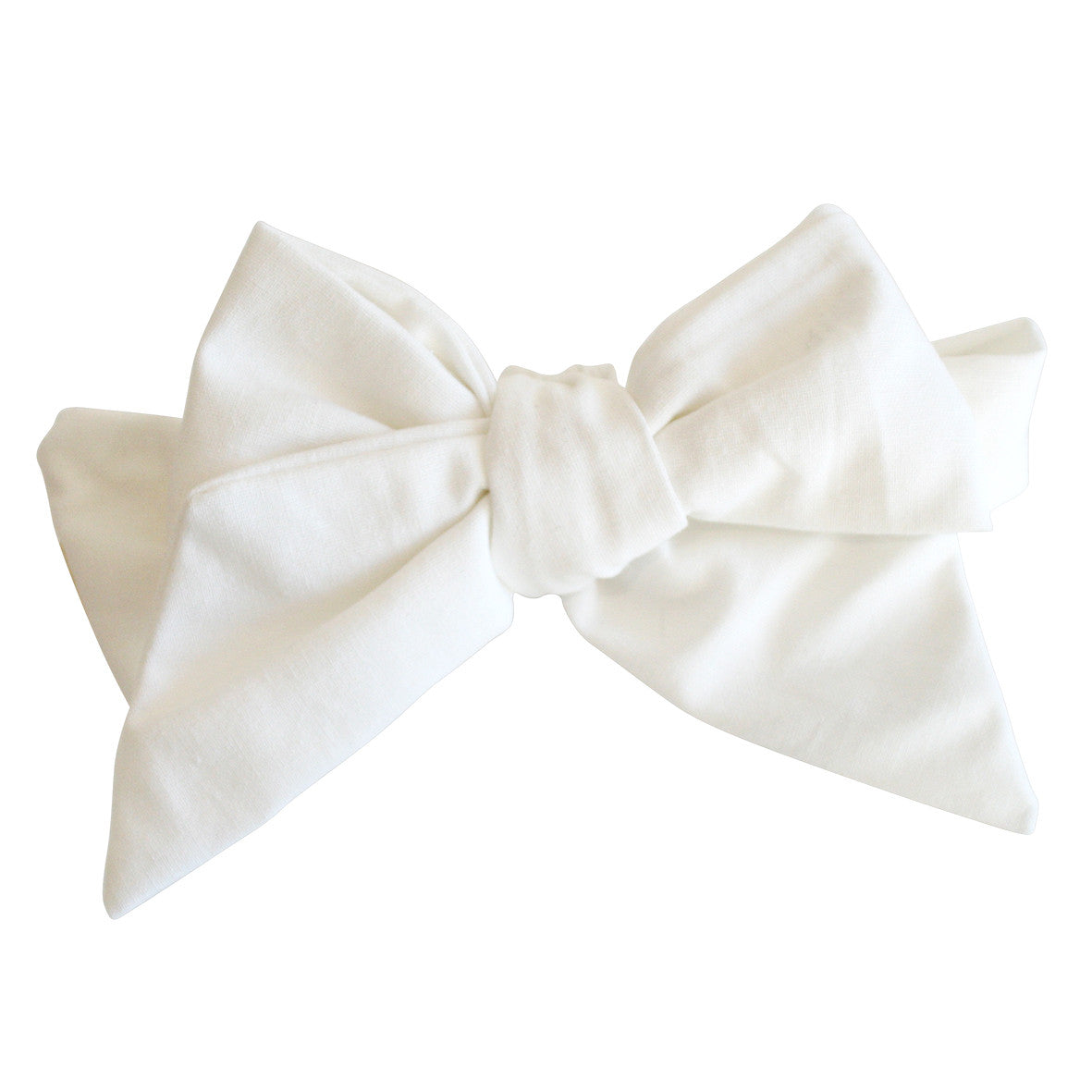 Ivory linen head bow with adjustable design, suitable for 6 months to 3 years, featuring elastic back for comfort.