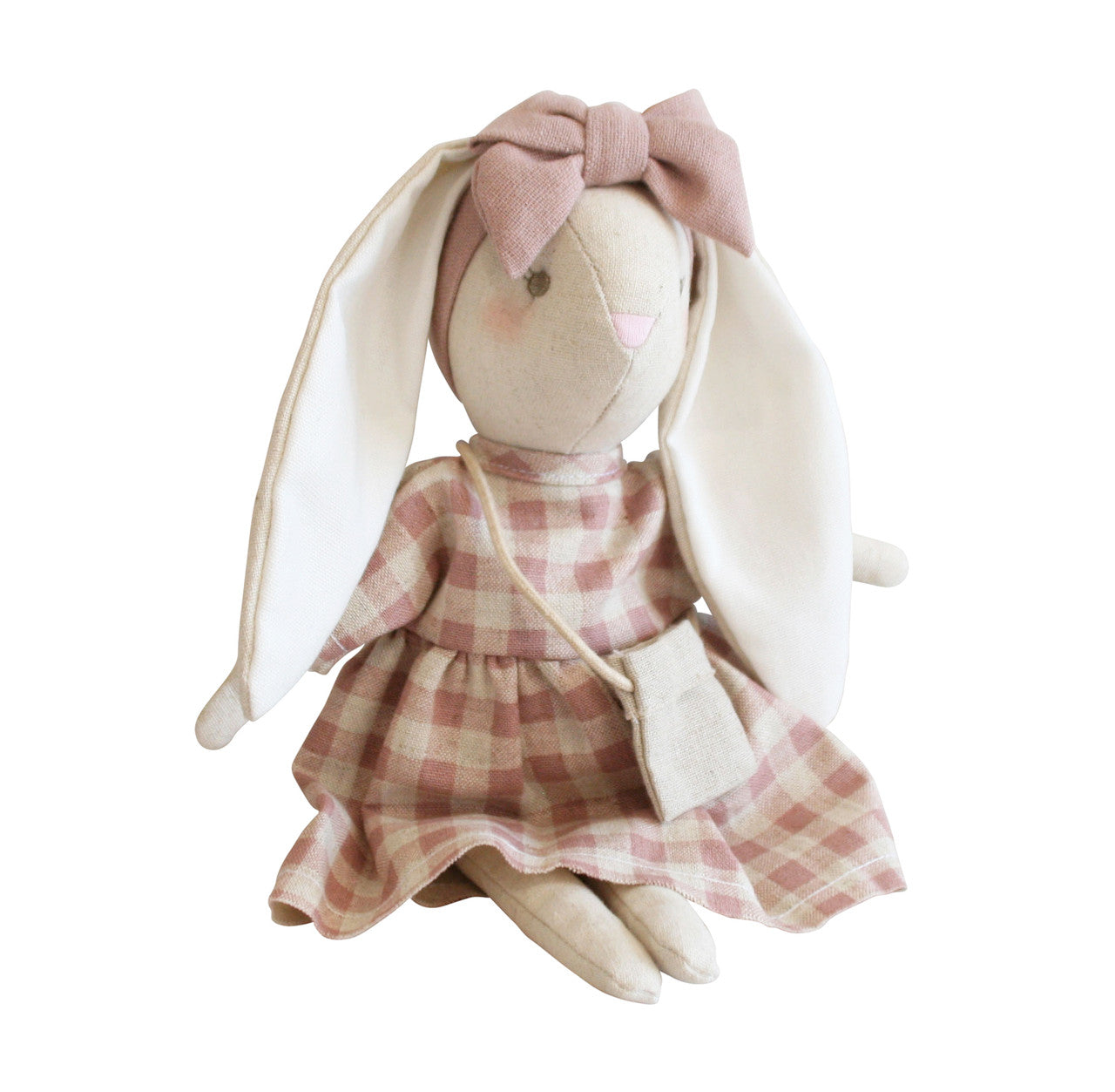 Mini Sofia Bunny 27cm in rose check dress with removable linen, perfect for children aged 3 and up.