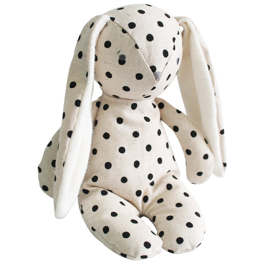 Alimrose Floppy Bunny in linen cotton blend with black polka dots, perfect cuddly companion for kids.
