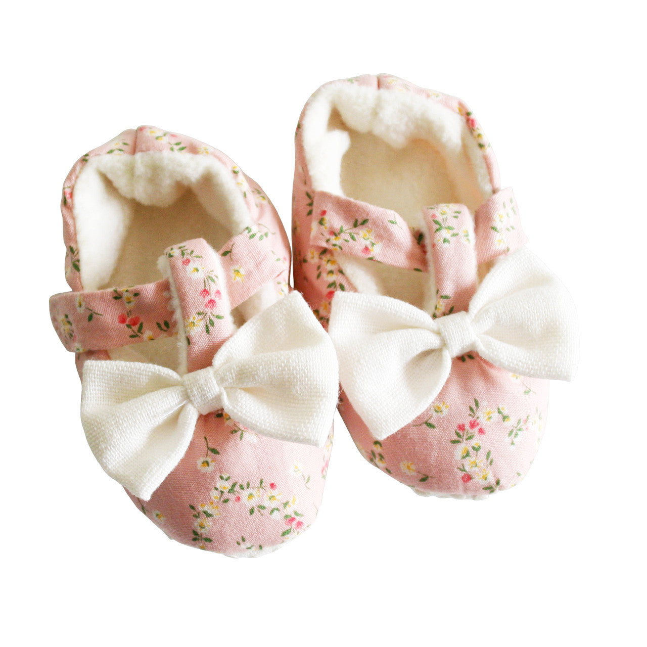 Cute Bow Booties Posy Heart slippers for newborns, soft cotton fabric with a floral pattern and soft grip sole.