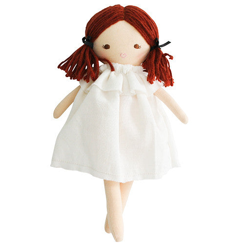 Mini Matilda doll with red hair in a white dress, featuring awake and asleep eyes, perfect for imaginative play.