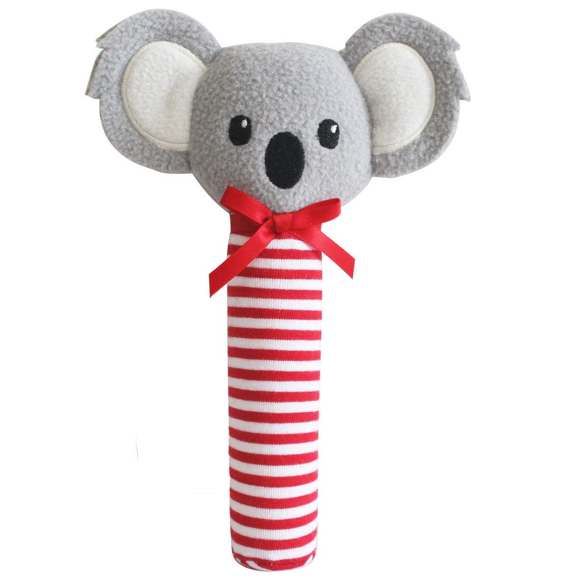 Baby Koala Squeaker toy with striped body, perfect for infants to explore grasp reflex and enjoy squeaking sounds.