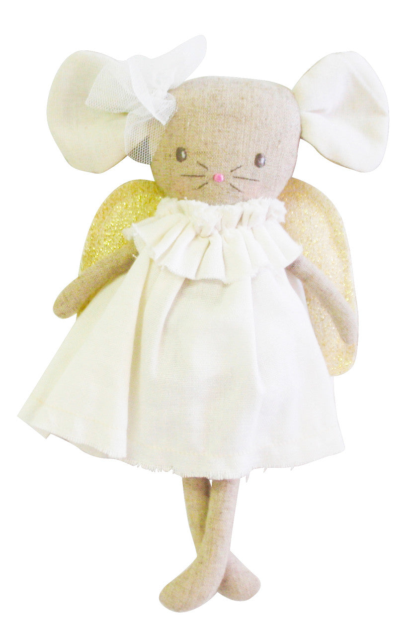 Angel Baby Mouse 25cm in ivory with gold wings, cute dress, and bow, perfect for ages 3 and up.