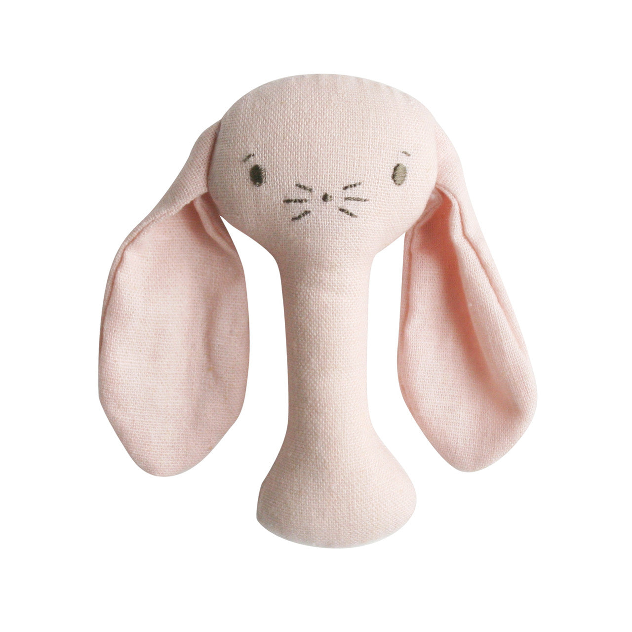 Bobby Bunny Stick Rattle in pink linen, ideal first rattle for infants, lightweight, cute design, safe for mouthing.