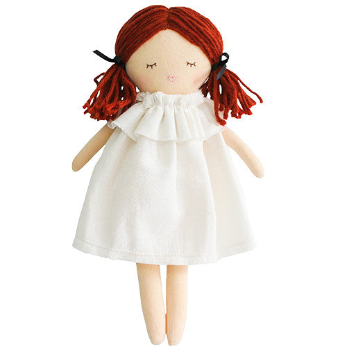 Mini Matilda doll with red hair in white dress, featuring asleep and awake faces for imaginative play.