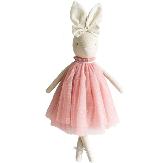 Daisy Bunny 48cm Blush doll with soft ears, blush tulle dress, and embroidered face, suitable for ages 18 months and up.