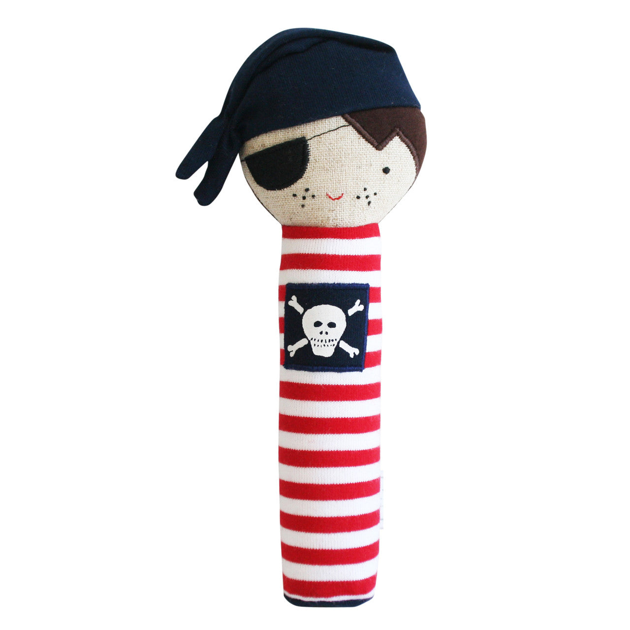 Linen Pirate Squeaker in navy and red, perfect squeaker toy for babies, engages grasp reflex and squeaking fun.