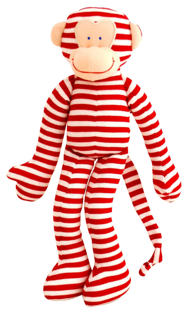 Monkey Rattle toy in red and white stripes, soft cotton material, with plastic rattle, machine washable, 30cm long.