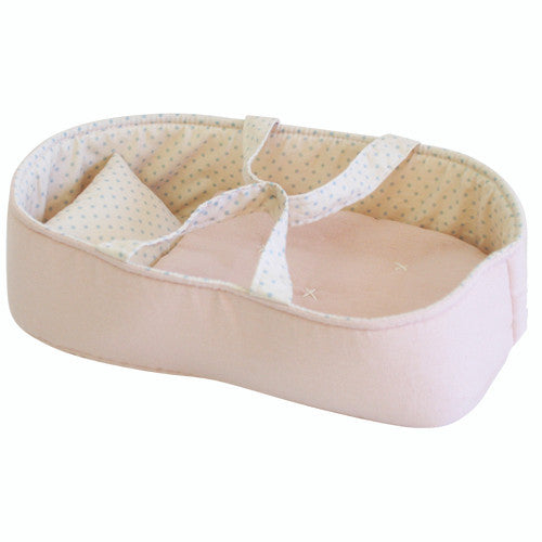 Pale pink reversible doll carrier set with mini quilt and pillow, perfect for 30cm baby dolls.