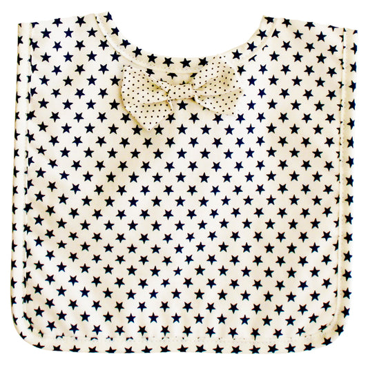Alimrose Bow Tie Bib in white with navy stars, featuring a cotton bowtie and absorbent backing for style and mess control.
