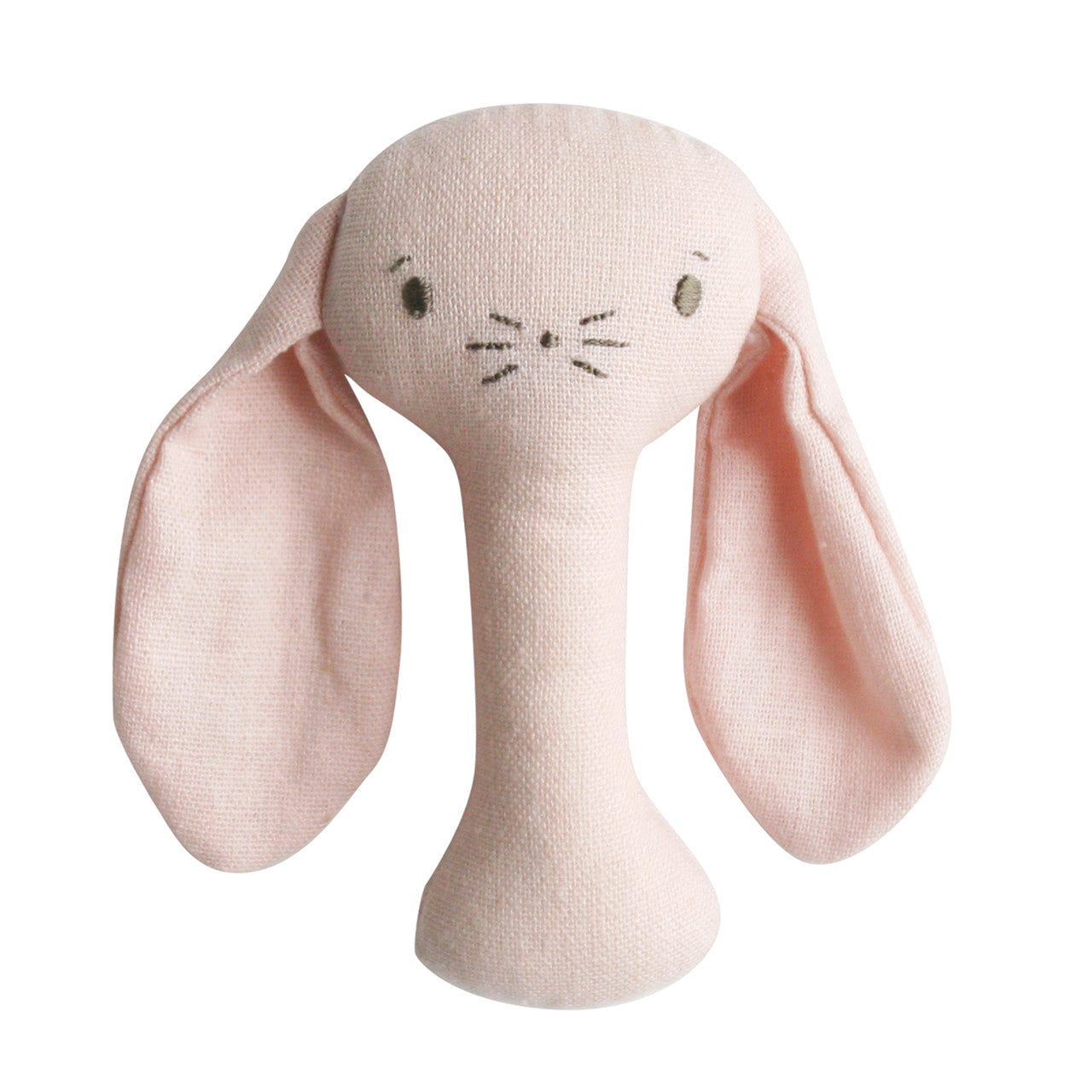 Bobby Bunny Stick Rattle in pink linen, lightweight and safe for tiny hands, perfect for infants from 3 months.